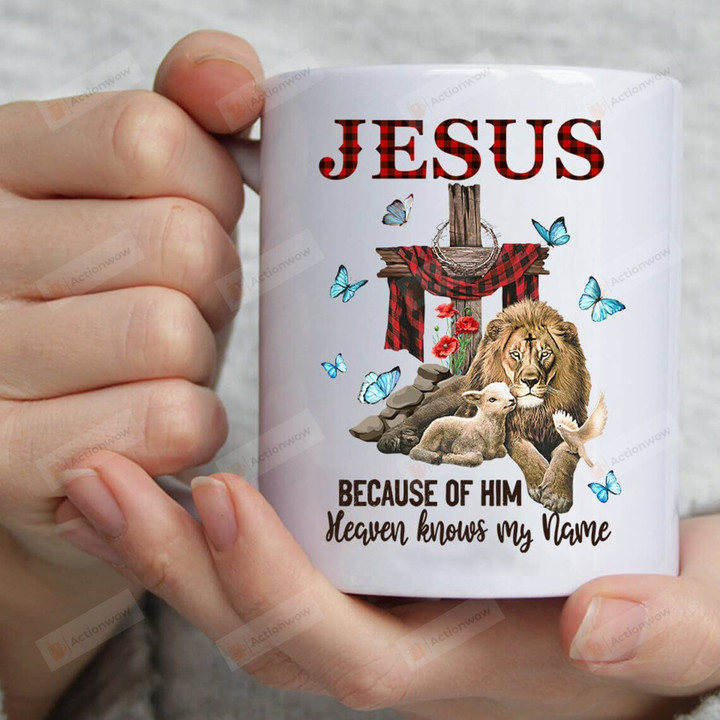 Lion And Lamb Under Wooden Cross Jesus Because Of Him Heaven Knows My Name Ceramic Mug Funny Gift For Family Birthday Christmas Thanksgiving Anniversary 11 Oz 15 Oz Coffee Mug