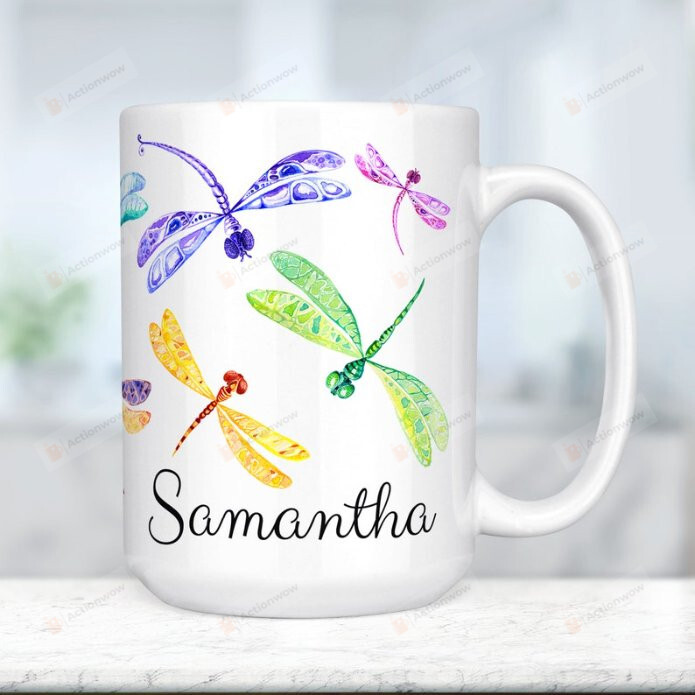 Personalized Dragonfly Coffee Mug 15 Oz, Pretty Colorful Dragonflies Cup Customized Name Mugs, Best Gifts For Anniversary Valentine Christmas Birthday