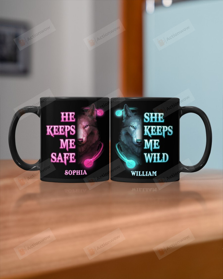 Personalized Wolf Keeps Me Safe Mug For Couple Lover , Husband, Boyfriend, Birthday, Anniversary Customized Name Ceramic Coffee 11-15 Oz