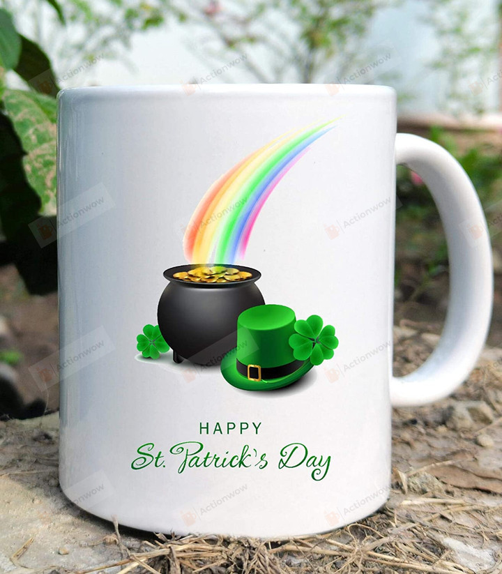 Happy Saint Patrick's Day Mug, Coffee Mug, White Lucky Pot Of Gold Rainbow, Happy St Patrick Day Mug, St. Patrick's Day Mug, St. Patrick's Day Gifts, 11oz/15oz Ceramic Coffee Mug