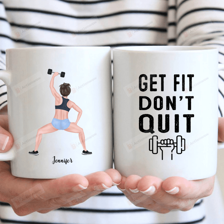 Personalized Get Fit Don't Quit Mug, Gift For Best Friends, Workout Girls Gym Mug Gifts For Birthday, Anniversary Customized Name Ceramic Coffee Mug 11-15 Oz