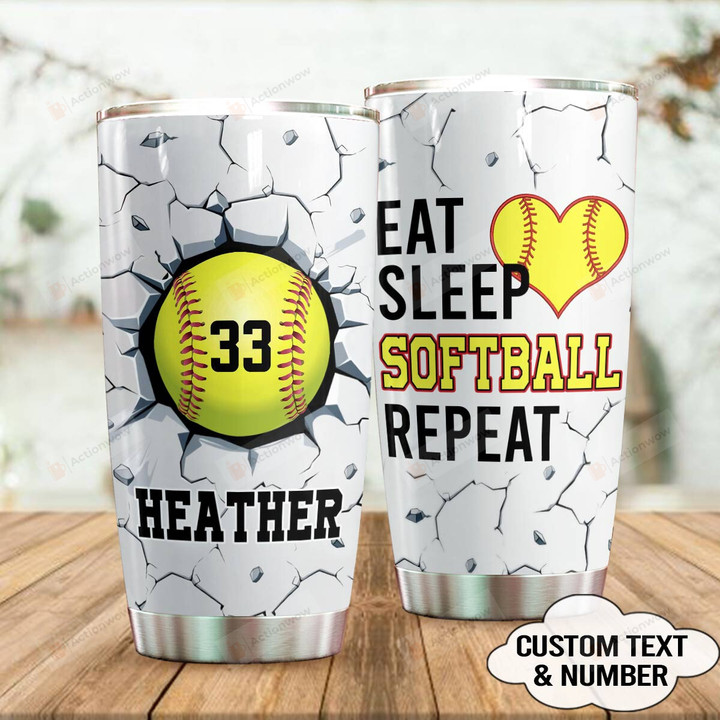 Personalized Softball Eat Sleep Repeat Stainless Steel Tumbler Cup