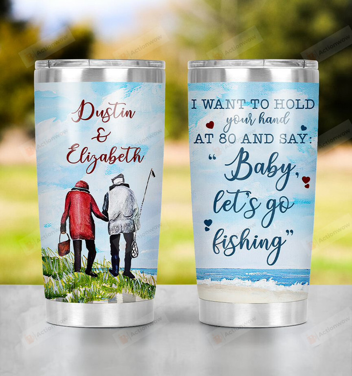 Personalized Hold Hand Fishing Old Couple Stainless Steel Wine Tumbler Cup