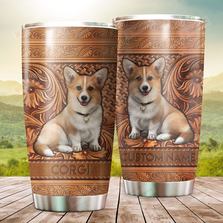 Personalized Corgi Embossed Leather Stainless Steel Tumbler Cup