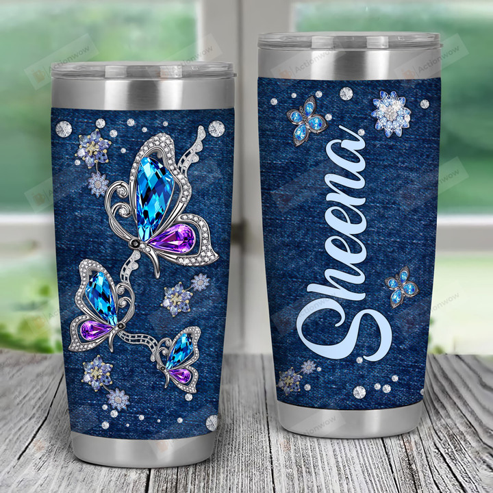 Personalized Blue Purple Butterfly Jewelry Stainless Steel Tumbler Cup
