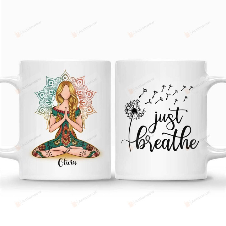 Personalized Yoga Mug, Just Breathe Coffee Mug, Ceramic Coffee Mug