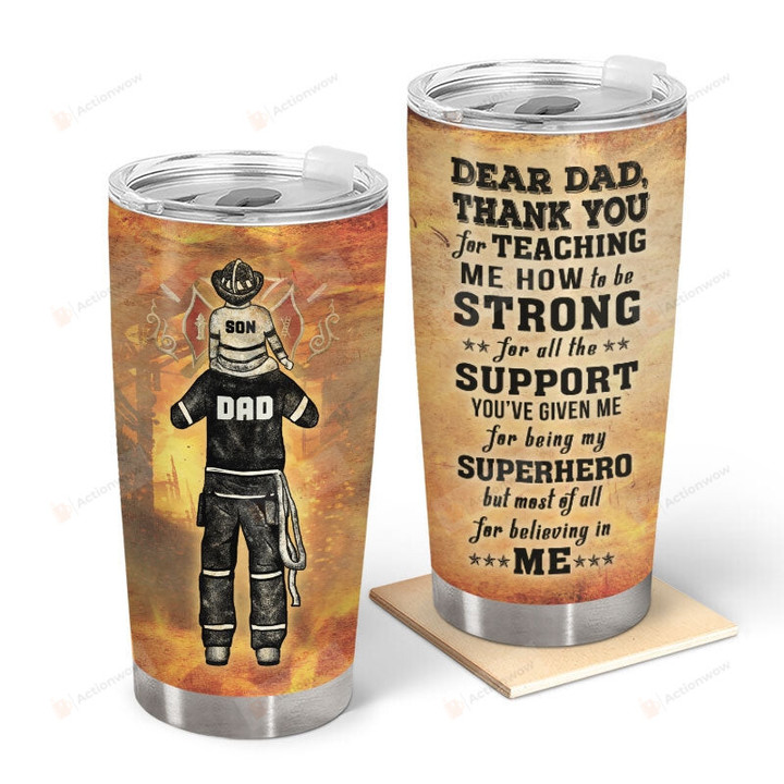 Dear Dad Tumbler, Firefighter Dad Stainless Steel Tumbler, Dad Birthday Gifts From Son, Thank You Dad Tumbler From Kids, Firefighter Gifts