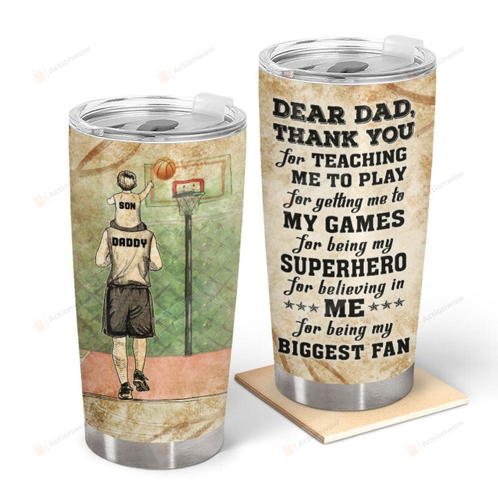 Dear Dad Tumbler, Basketball Dad Stainless Steel Tumbler, Dad Birthday Gifts From Son, Basketball Lovers Gift, Thank You Dad Tumbler From Kids