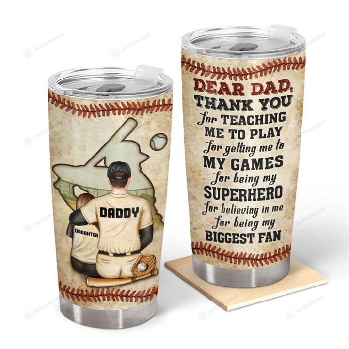 Dear Dad Tumbler, Baseball Dad Stainless Steel Tumbler, Dad Birthday Gifts From Son, Thank You Dad Tumbler From Kids, Baseball Lovers Gifts