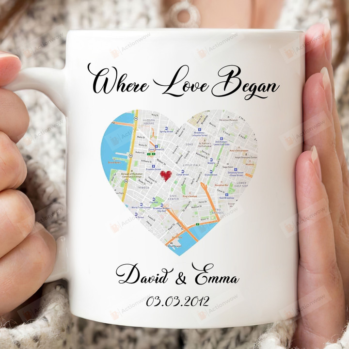 Personalized Heart Map Custom Name Mug, Where Love Began Mug, Gift Mug For Couple Lover