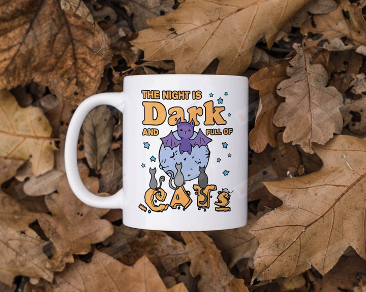 Halloween Cat Mug, The Night Is Dark And Full Of Cats Coffee Mug, Black Cat Halloween Gifts For Friends Family, Spooky Cat Cup, Cats And Bats Mugs