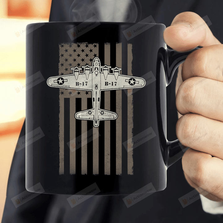 B17 Bomber WW2 Mug, Plane Aircraft Coffee Mug, USA Flag Veteran Gifts For Men Women, Pilot Gift Mug