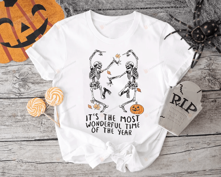 It's The Most Wonderful Time Of The Year Shirt, Retro Skeleton Dancing Halloween, Pumpkin Spooky Season, Autumn Leaves, Halloween Party