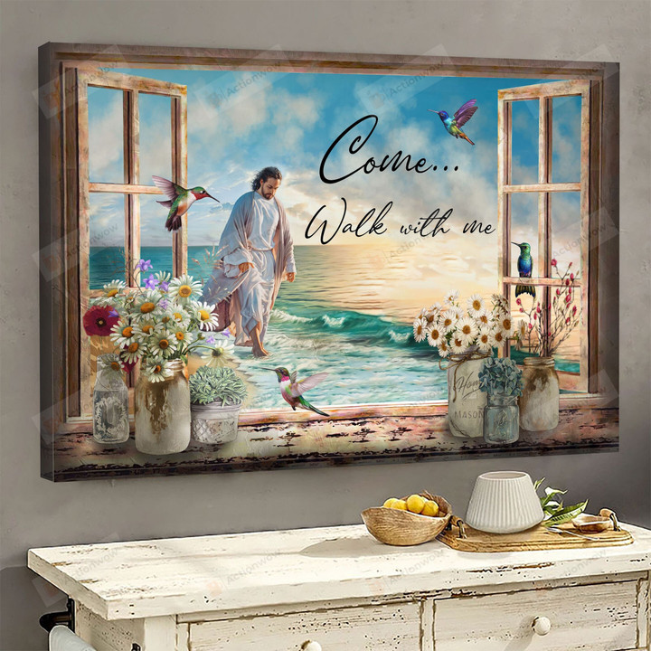 Christian Wall Art Flowers Vases, Jesus Come And Walk With Me Jesus Canvas Print, Jesus Poster Canvas Art