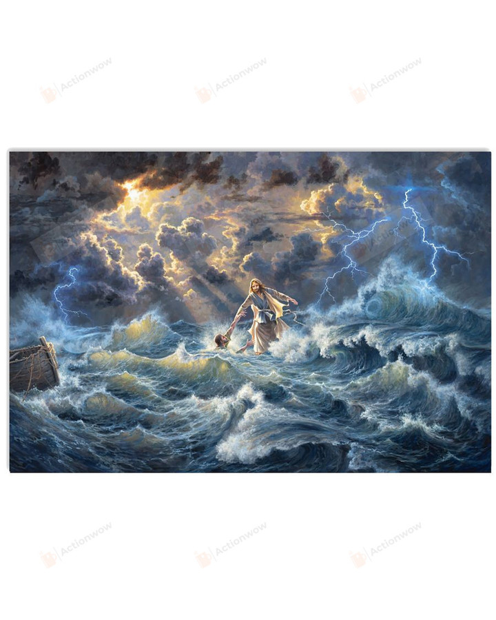 Christian Wall Art Running On Insane Waves, Ocean Jesus Canvas Print, Jesus Poster Canvas Art