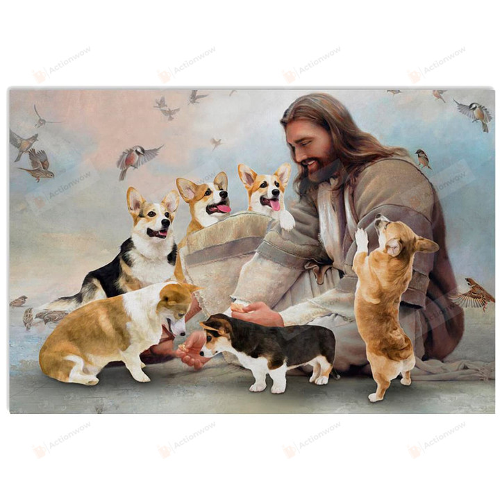 Christian Wall Art God Surrounded By Corgi Angels, Corgi Dog Lovers Jesus Wall Art Poster Canvas, Jesus Poster Canvas Art