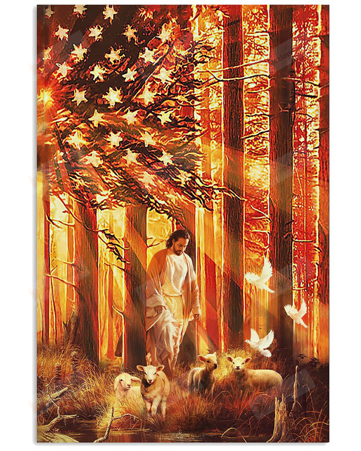 Jesus And His Sheep In Forest Art Vertical Poster Home Decor Wall Art Print No Frame Or Canvas 0.75 Inch Frame Full Size
