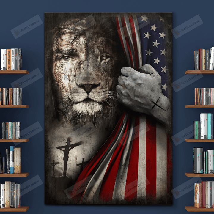 Lion And Jesus Christian Wall Art Poster Canvas, American Flag Jesus Canvas Print, Jesus Poster Canvas Art