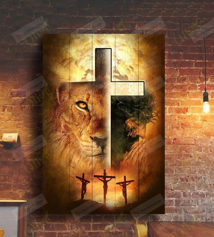 Jesus And Awesome Lion Christian Wall Art Poster Canvas, Lion And Corss Canvas Print, Jesus Poster Canvas Art