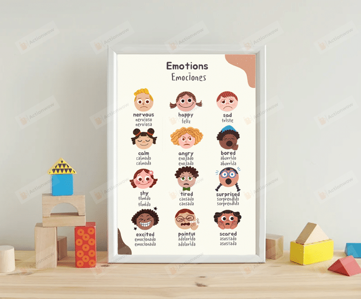 Bilingual Emotions Poster, Spanish English Feelings Poster Printable , Emotion Chart Poster Printable, Funny Mental Health Poster For Back To School, Feeling Wall Art, All Feelings Are Welcome Here