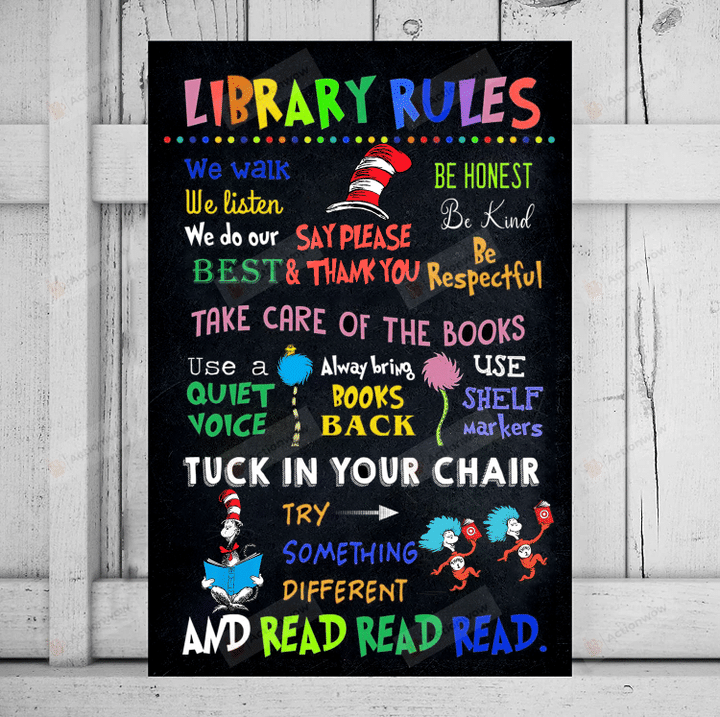 Library Rules Dr Seuss Poster Canvas, Library Classroom Canvas Print, Gifts For Teacher From Students, Back To School Gifts