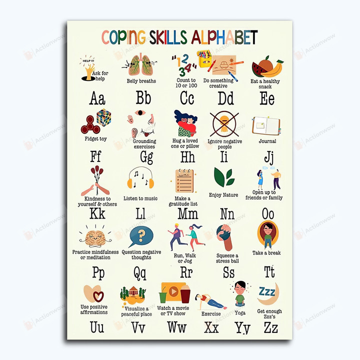 Coping Skills Alphabet Classroom Poster Canvas, Mental Health Awareness Posters For Therapy School Counselor, Back To School Gifts
