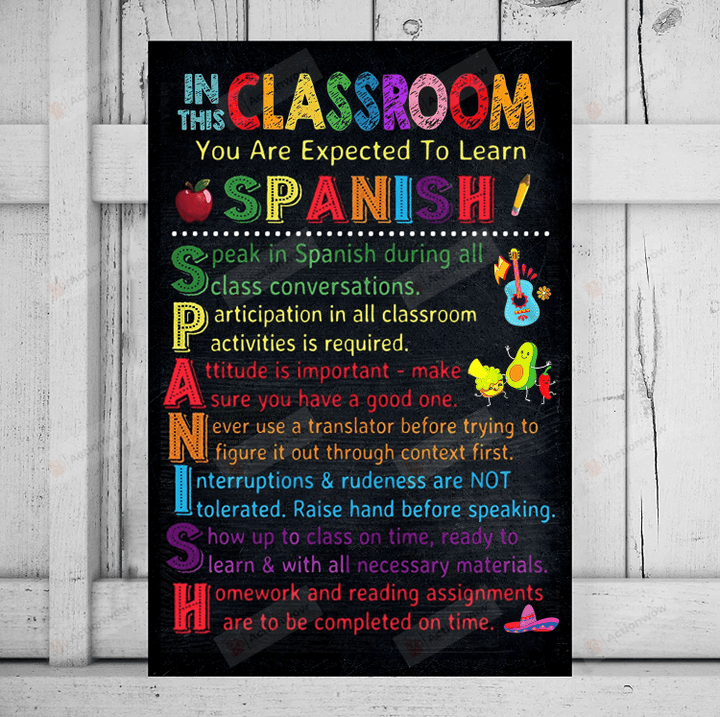 Spanish Classroom Poster Canvas, In This Classroom You Are Expected To Learn Spanish Canvas Print, Gifts For Teachers From Students, Back To School Gifts