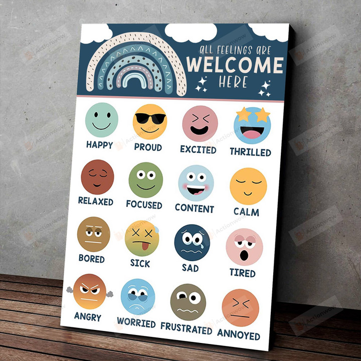 All Feelings Are Welcome Here Poster, Feelings Chart For Kids Learning Poster, List Of Feelings Poster, Educational Posters For Classroom Decor, Periodic Table Of Emotions Poster For School Counselors