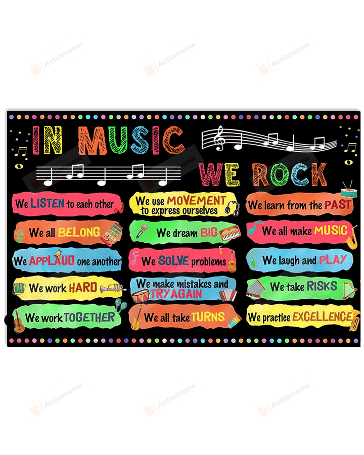 Music Class Poster Canvas, In Music We Rock Canvas Print, Gifts For Teachers Educator Students, Back To School Gifts