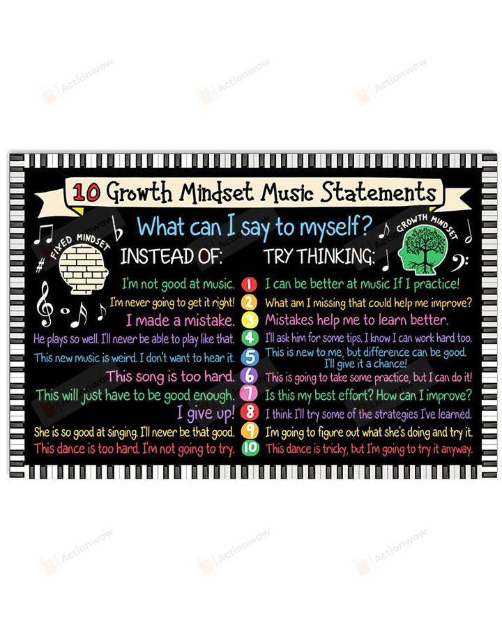 10 Growth Mindset Music Statements Poster, Music Poster, Classroom Poster, Teacher Classroom Decor, Back To School Poster Art Picture Horizontal Poster No Frame Or Canvas 0.75 Inch Frame