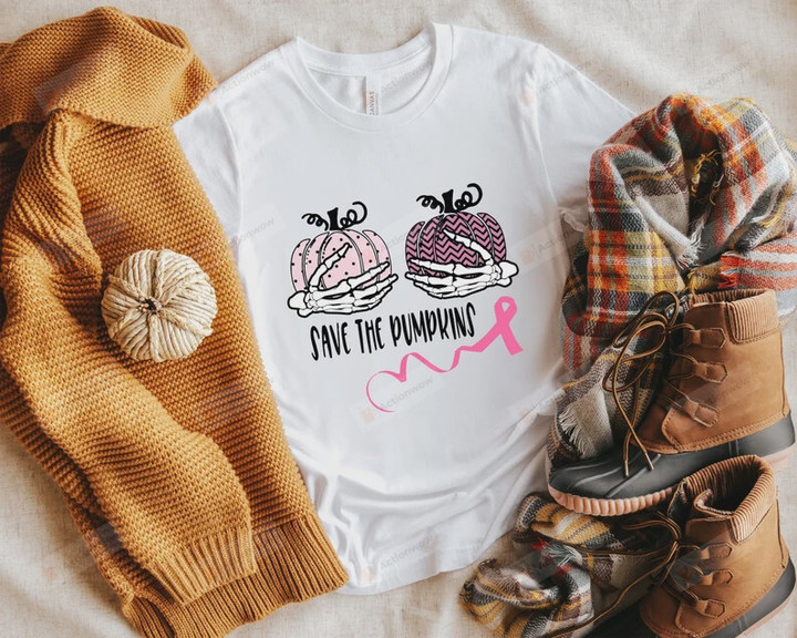 Save The Pumpkins Shirt, Skeleton Shirt, Save The Pumpkin Shirt, Pink Ribbon Shirt, Breast Cancer Shirt, Breast Cancer Awareness Shirt, Halloween Shirt, Birthday Gifts