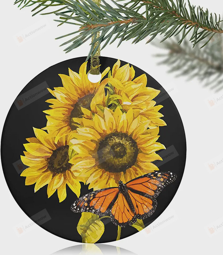 Sunflower With Monarch Butterfly Ornament, Gift For Sunflower Lovers Ornament, Christmas Gift Ornament