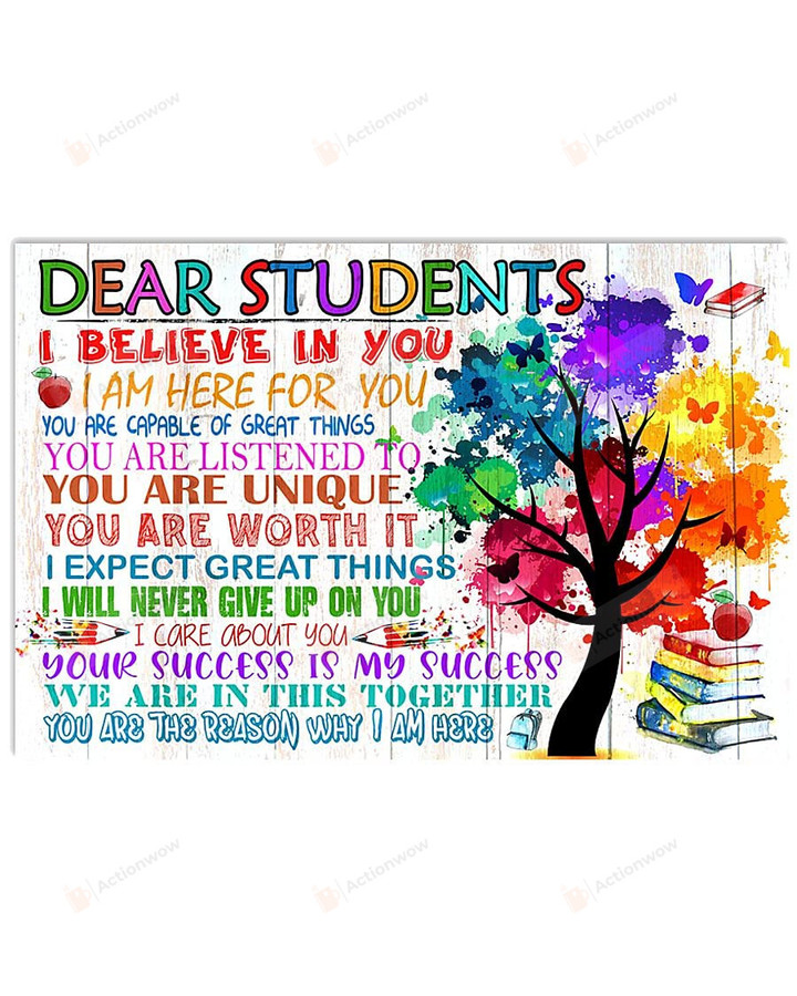 Dear Students I Will Never Give Up You Poster Canvas, Colorful Tree Poster Canvas For Elementary Middle High School, Classroom Decor Motivational Educational For Students From Teacher Poster Canvas