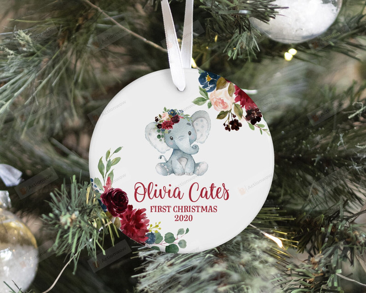 Personalized Floral Elephant Baby's First Christmas Ornament, Elephant Lover Gift Ornament, Christmas Keepsake Gift Ornament