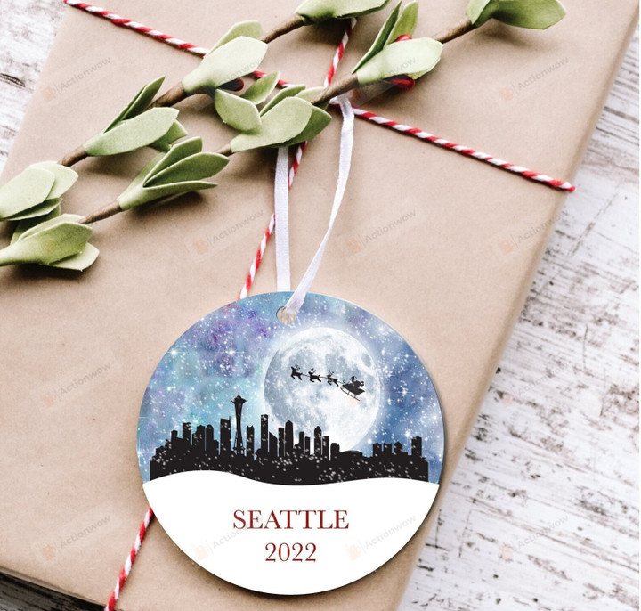 Personalized Seattle Christmas 2022 Ornament, Santa And Reindeer Ornament, Christmas Gift Ornament