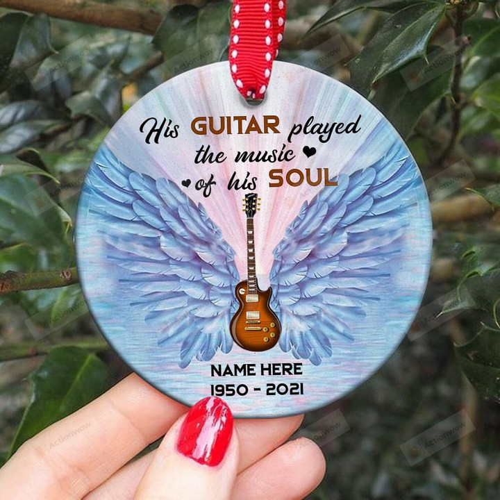 Custom Memorial Ornament - Wings His Guitar Played The Music Of His Soul Personalized Ornament Customized Photo Circle Heart Oval Star Christmas Ceramic Ornament