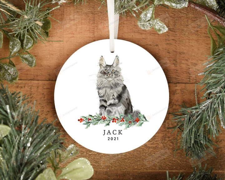 Personalized Gray Striped Long Hair Cat Ornament, Gift For Cat Lovers Ornament, Christmas Gift Ornament