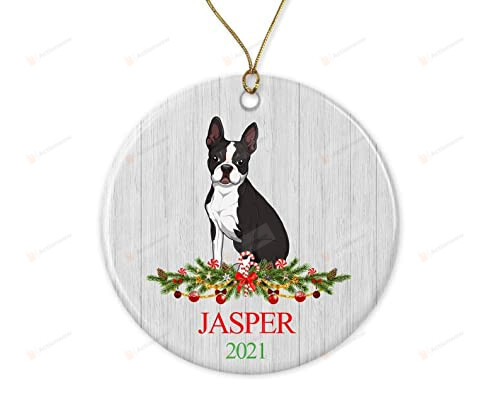 Custom Puppy Ornament - Personalized Pet Name Ornament, Boston Terrier First Christmas Ornament, Boston Terrier Dog Christmas Tree Ornament Hanging Christmas Tree Pet Ornament With Custom Name