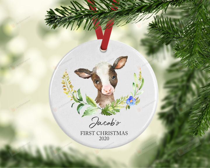 Personalized Cow Farm With Floral Christmas Ornament, Gift For Cow Lovers Ornament, Christmas Gift Ornament