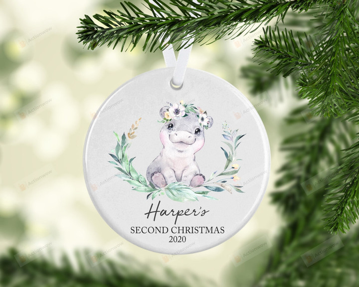 Personalized Hippo Baby's Second Christmas Ornament, Hippo Lover Gift Ornament, Christmas Keepsake Gift Ornament