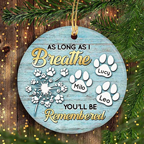 Dandelion Dog Memorial Ornament, As Long As I Breathe You'll Be Remembered Ornament, Personalized Memorial Ornament, Sympathy Gift, Christmas Keepsake, Christmas Tree Decoration