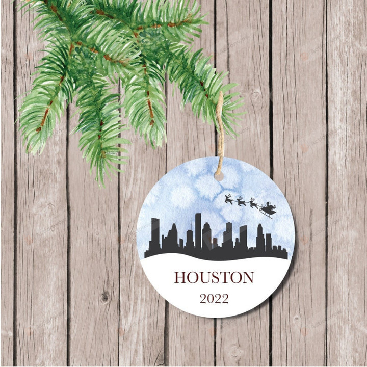 Personalized Houston Christmas 2022 Ornament, Santa And Reindeer Ornament, Christmas Gift Ornament