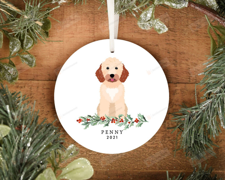 Personalized Cream With Red Ears Doodle Dog Ornament, Gifts For Dog Owners Ornament, Christmas Gift Ornament