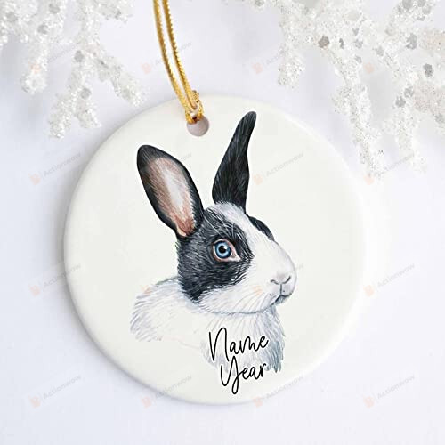 Personalized Black And White Rabbit Ornament, Porcelain Ornament, Pet Christmas Ornament Customized Gift For Animal Lover, For Christmas Thanksgiving Ornament Hanging Christmas Tree Decoration