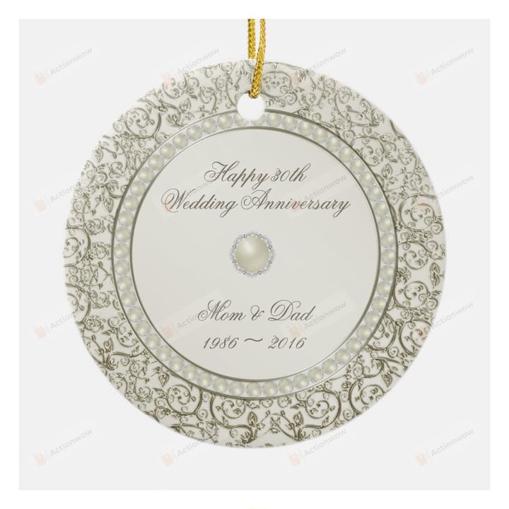 Personalized Name & Year Elegant Pearl Wedding Anniversary Ornament, Customized Anniversary Ornament