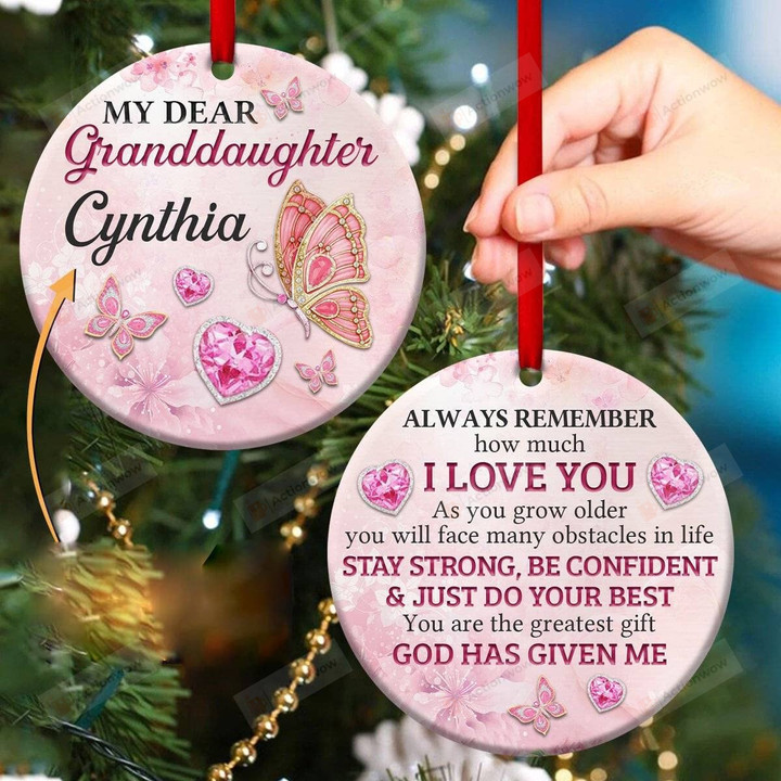 Personalized Always Remember How Much I Love You Ornament Pink Butterfly And Heart-Shaped Gemstone Ornament Best Gifts For Granddaughter, Grandson From Grandma, Grandpa On Winter Christmas