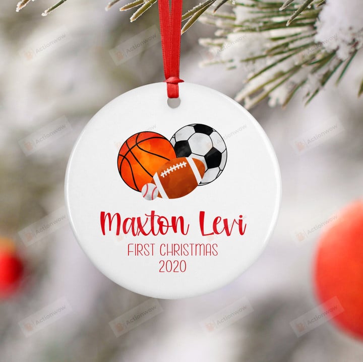 Personalized Sports Baby First Christmas Ornament, Football Basketball Soccer Ornament, Christmas Gift Ornament