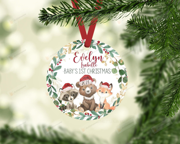 Personalized Baby First Christmas Ornament, Bear Fox And Raccoon Ornament, Christmas Gift Ornament