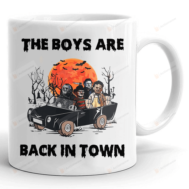 Michael Myers Mug, Horror Movies Friend Mug, The Boys Are Back In Town Halloween Mug, Freddy, Pinhead, Jason Voorhees, Halloween Gifts