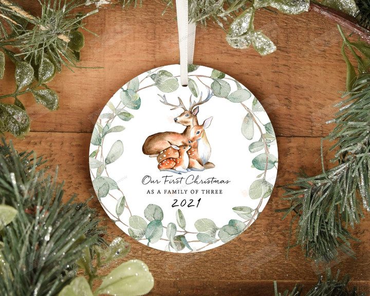Personalized Deer Family Ornament, Our First Christmas As A Family Of Three Ornament, Christmas Gift For New Family Ornament